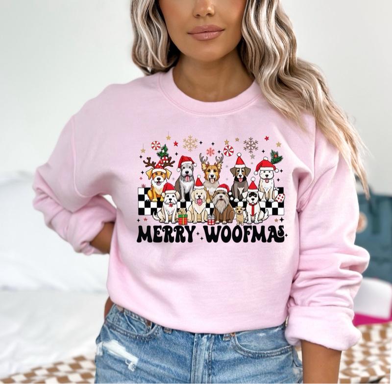 Merry Woofmas Gildan Crewneck Sweatshirt unisex womenswear love Pullover Long Sleeve Casual Tops Cotton Fabric Fit Heloconia Winter